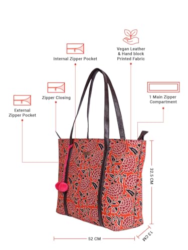 Image of NEPRI Oversized Office Tote Bag | Stylish Tote Bags | Purse for Women | Vegan Leather & Hanblock Printed Fabric Handbag with Double Handle Shoulder Strap| Daily & Travel Use