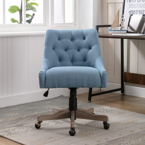 Swivel Shell Office Chair, Modern Fabric Upholstered Tufted Accent Computer Desk Chair with Ergonomic Wide Backrest and Wooden Legs, Height Adjustable Swivel Vanity Chair for Office, Blue
