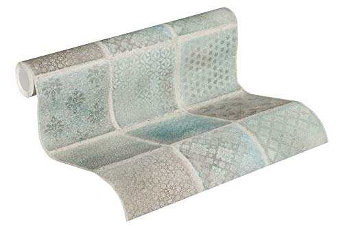 A.S. Création Vliestapete Neue Bude 2.0 Edition 2 Tapete Tropical Concret in Fliesen Optik 10,05 m x 0,53 m blau grün grau Made in Germany 373881 37388-1