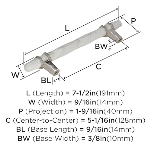 Image of Amerock | Cabinet Pull | Marble White /Polished Nickel | 5-1 /16 inch (128 mm) Center to Center | Carrione | 1 Pack | Drawer Pull | Drawer Handle | Cabinet Hardware