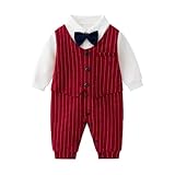 Luu Xianliang Newborn Baby Boy Gentleman Romper Tuxedo One-Piece Outfit with Bow Tie, 100% Cotton Long Sleeve Formal Wear for 0-18 Months (Red, 0-3 Months)