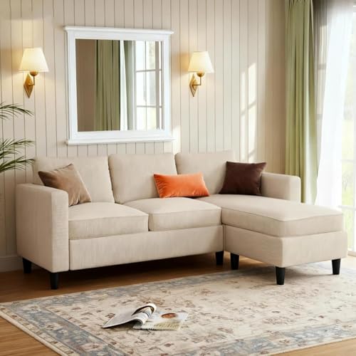 JAMFLY Couches for Living Room, 3-Seat Reversible Sectional Sofa with Convertible Ottoman, Modern Ribbed Fabric L-Shaped Couch for Small Apartment, Studio & Office, Easy Assembly, Beige