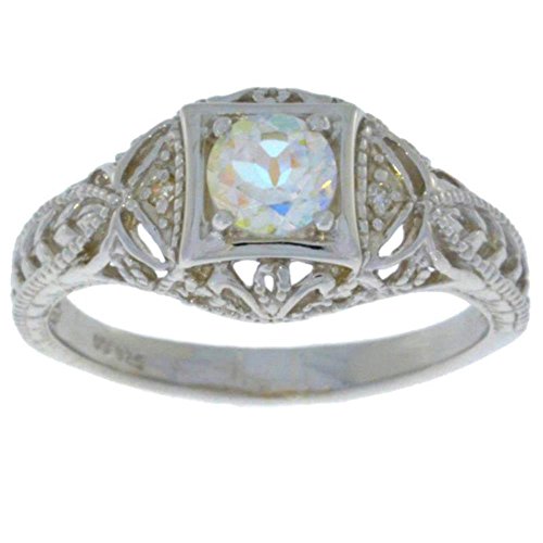 Elizabeth Jewelry Natural Mercury Mist Mystic Topaz & Diamond Round Ring .925 Sterling Silver Rhodium Finish