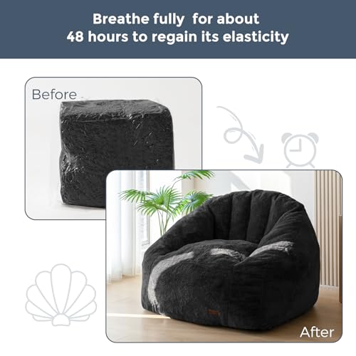 Image of MAXYOYO Giant Bean Bag Chair, Oversized Bean Bag Couch for Adults and Kids, Faux Fur Shell-Shaped Large Chair with Filler, Stuffed Big Accent Sofa Lounge Floor Sofa for Gaming, Reading, Black