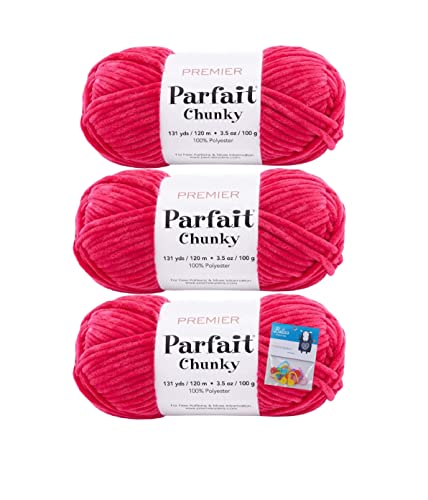 Image of Premier Yarns Parfait Chunky Chenille Yarn 3.5 Oz 6 Super Bulky Weight 3 Pack Bundle with Bella's Stitch Place Holders (Bright Pink)