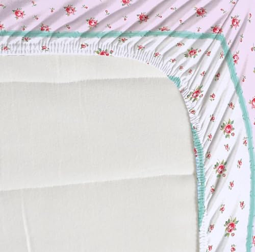 Image of NEW LEAF Premium Cotton Elastic Fitted Bedsheets with 2 King Size Pillow Covers | Double Bed with All Around Elastic 180 TC Supersoft | Size - 72 King Sizex78+10 inches | Sky Blue Rose Stripe