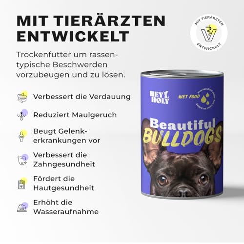 HEY HOLY Premium Nassfutter für Bulldoggen | 18x 375g Hundefutter für ausgewachsene Bulldoggen mit Lachs | Hochverträglich aus natürlichen Zutaten