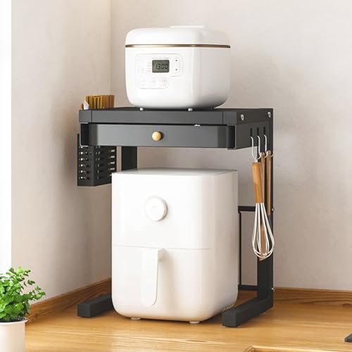HARUMAKI レンジ上ラック キッチンラック 炊飯器用ラック エアフライヤー用ラック 36cm×28cm×47cm 炭素鋼素材 箸収納ケース・フック・引き出し付き エアフライヤーや炊飯器の上部または下部に適しており、他の調理器具や食器を収納するために使