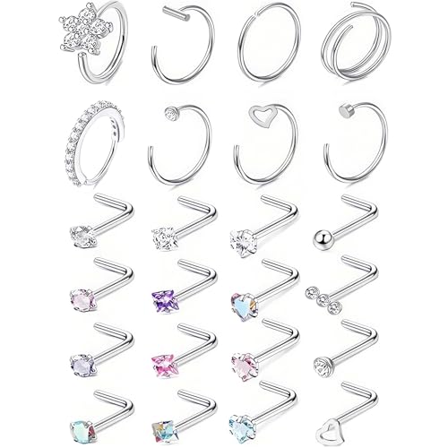 YNAAIAA 20G Nose Rings Hoops L Shaped Nose Ring Studs Hypoallergenic 316L Stainless Steel Nose Rings Round CZ Heart Diamond L Nose Stud Nostril Piercing Jewelry for Women Men 24Pcs Silver