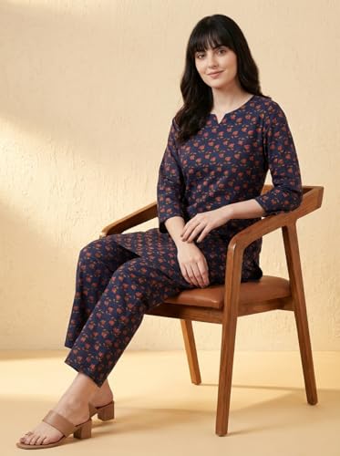Image of Bee M Pee Designer Trendy Floral Printed Cotton Kurta Coord Sets for Women | Stylish Casual Tunic Kurti Set with Pant for Woman for Office