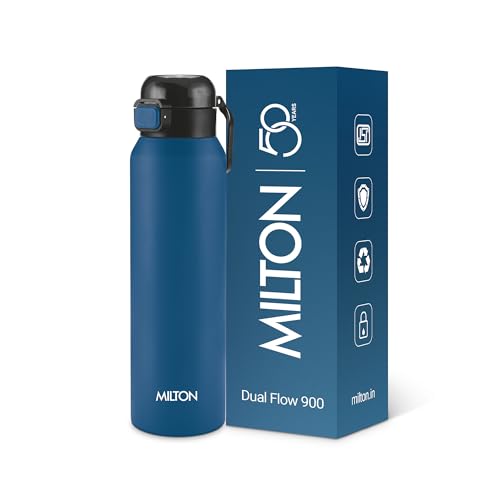 Image of Milton Dual Flow 900 Thermosteel Water Bottle 900 ml with One Touch Safety Lock & Twin Lid Sip or Gulp,Long Hours Hot & Cold,Leak Proof,ISI Certified,Vacuum Insulated,for Office,Gym,School,Dark Blue