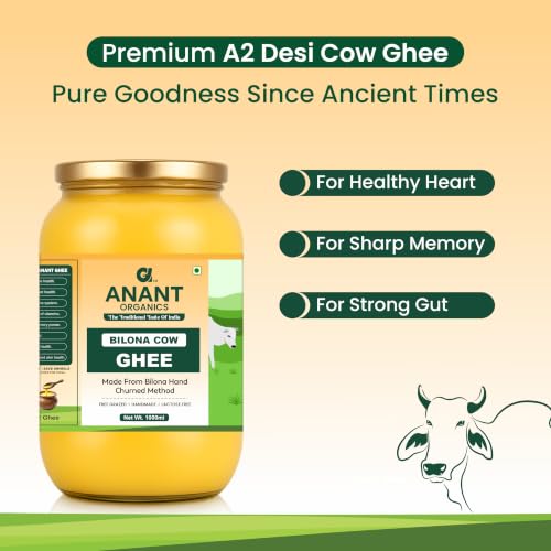Image of Anant Organics Bilona Cow Hand Churned Vedic Method A2 Cow Milk Ghee Glass Bottle 1L