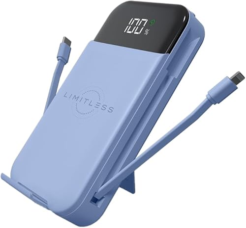 Limitless Innovations Ultimate Pro - Banco de energía portátil de 15,000 mAh con enchufe de pared, pantalla digital, cables integrados y carga Azul