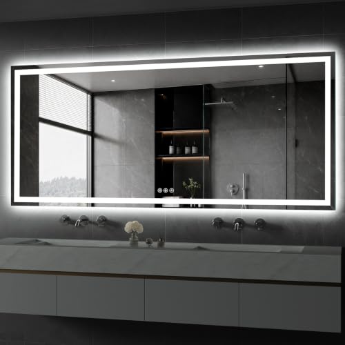 Image of Koonmi 72x32 LED Bathroom Mirror with Light, Anti-Fog, 3 Colors | Backlit + Front Lit, Dimmable Brightness, Shatterproof HD Distortion-Free Tempered Glass, Hardware Included