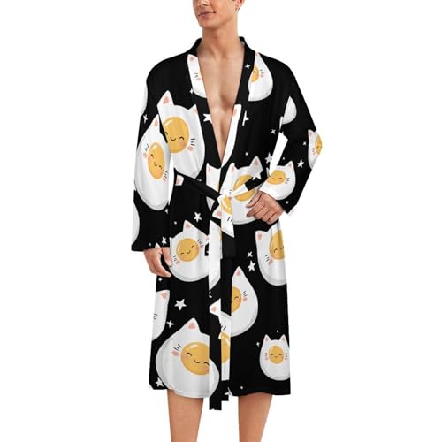 Poached Egg Cat Comfort Robes for Men With Belt Long Sleeve Nightgown Spa Bathrobe Loungewear