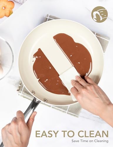 MICHELANGELO 10 Inch Frying Pan with Lid, Nonstick Fry Pan with Ceramic Coated, Induction Compatible Skillet, PFAS & PFOA-Free, White - Thumbnail 5