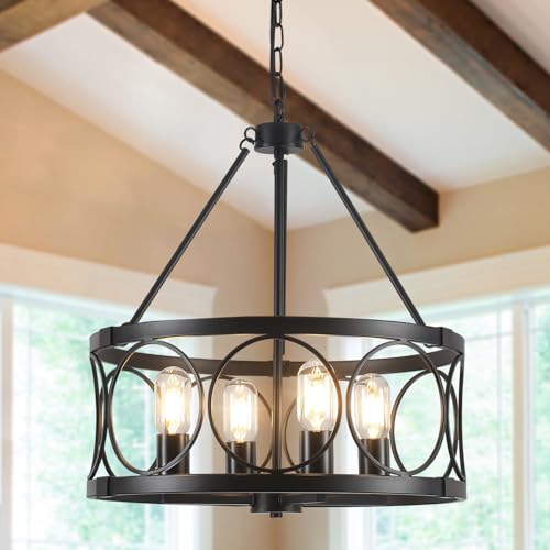 WTUOING Lamparas de Techo Negra, 4 Luces Lampara Araña Industrial Lampara Colgante para Salon Comedor, Ajustable Rustica Redonda Lampara Techo Vintage para Pasillo Dormitorio Cocina Casa de Campo
