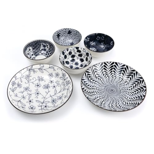 lachineuse - Coffret Repas Japonais - 2 Asiettes Creuses ⌀ 21 cm & 4 Bols à Riz ⌀ 11,5 cm - Style Asiatique Fleurs - Coloris Bleu & Blanc - Vaisselle...