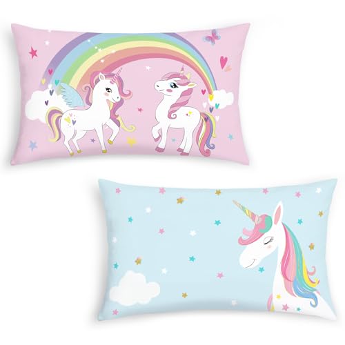 Bonhause 2er Set Kissenbezüge Einhorn 30 x 50 cm Regenbogen Blau Rosa Dekorative Kissenhülle Zierkissenbezüge für Sofa Couch Zuhause Kinderzimmer Dekoration