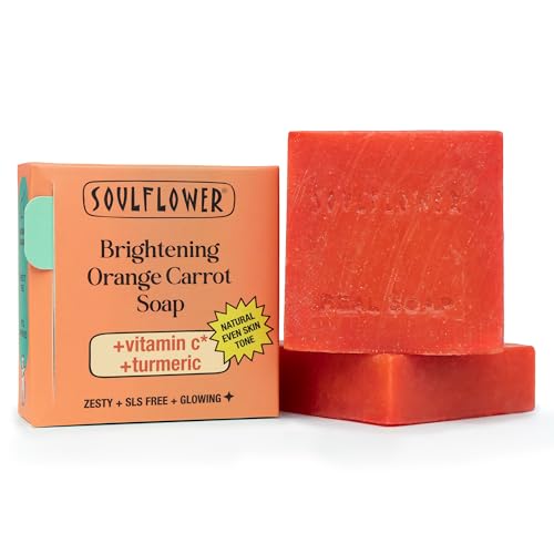 Image of Soulflower Brightening Orange Carrot Soap for Glowing Skin | Deep Cleansing Handmade Bathing Bar For Hard Water with Ginger & Vitamin E | Helps Revive Dull Skin & Refreshes Skin | All Skin Types|100g