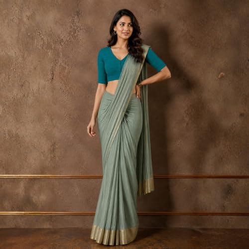 Image of Studio Shringaar Women Cotton Half Sleeve Madras Checks Saree Blouse with Stretchable Sides