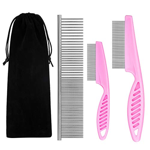Benseao Flea Comb For Cats Dog Comb Lice Comb Metal Teeth Durable Tear Stain Dog Combs Remove Float Hair Combing Tangled Hair Dandruff Pet Comb Grooming Set 3 Pieces Add Storage Pouch (Pink) #TOP30