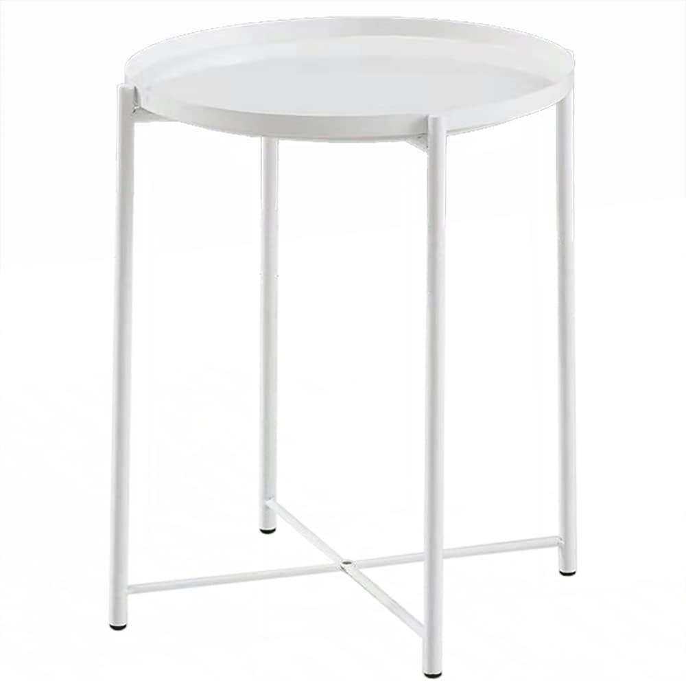 Round End Table, Nordic Style Simple Coffee Table, Sofa Side Table, Metal Waterproof Small End Table with Removable Tray, Easy to Assemble for Living Room Bedroom Balcony Office (White, 1 Layer)