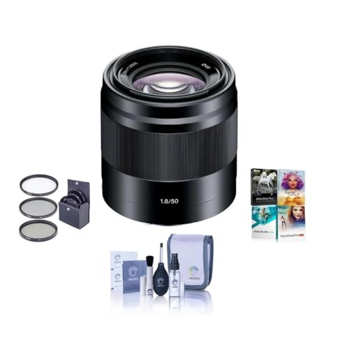Sony E 50mm f/1.8 OSS Lens for Sony E, Black, Bundle with 49mm Filter Kit, Cleaning Kit, PC Software Kit