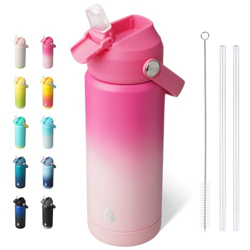 Image of BJPKPK Insulated Water Bottle with Straw Lid, 18oz Thermo Water Bottles with Soft Nozzle, Flex Handle & Non-slip Boot, BPA Free Leak Proof Stainless Steel Metal Thermo, Tumblers, Cups,Cherry