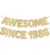 Pre-Strung Awesome Since 1986 Gold Glitter Banner, Happy 40th Birthday Decorations for Women, 40 ...