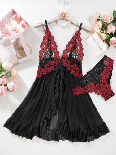 Image of Foxiny Sexy Open Front V Neck Ruffle Sheer Mesh Lace Wireless Babydoll Lingerie Dress with Thong 2 Piece