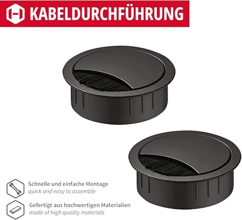 Foto von Gedotec 2 x Kabeldurchführung für den Schreibtisch, schwarz, Ø 60 mm, Bohrer, Tisch, hochwertiger Metall runde Kabeldurchführung, Kabelführung zum Drücken, Schreibtischkanal