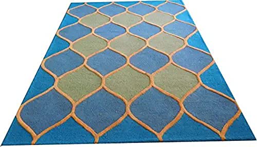 Image of Export Quality Handtufted Woolen Carpet for Living Room Bedroom & Hall - Color - Blue /Yellow - Size - 8 x 10 Feet