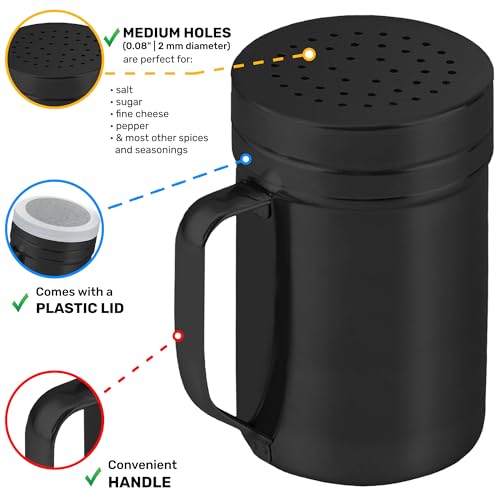 Image of CUSINIUM 14oz Black Stainless Steel Salt Pepper Dredge Shakers - With Plastic Cap - With Handle - Pack of 2