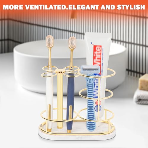 Image of Toothbrush Holder Stand for Bathroom, Metal Toothbrush Organizer with Marble Base, Toothbrush Storage Collection for Family, Suitable for Home Hotel Countertop Vanity (Medium, Gold)