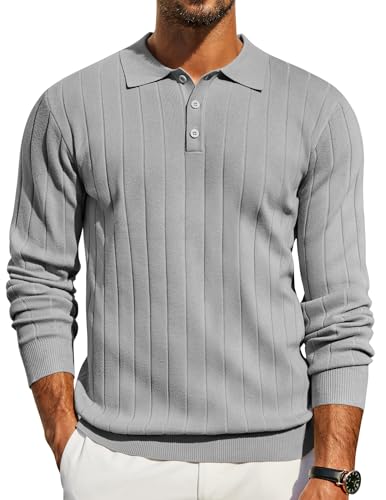 Image of COOFANDY Mens Polo Jumper Long Sleeve Knitted Polo Shirts Regular Fit Casual Lightweight Pullover Light Gray S
