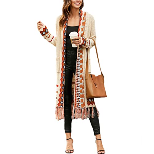 ONLYWOOD Womens Boho Sweater Tassel Long Sleeve Open Front Cardigan with Pockets