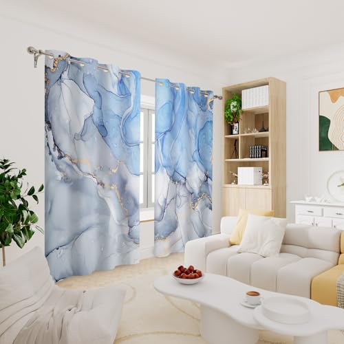 Renaiss Blue Marble Blackout Curtains, Light Blue Liquid Art Thermal Insulated Bedroom Window Curtains, Modern Luxury Marble Texture Window Drapes for Living Room, 42W x 63L 2 Panels Set by Renaiss - Image 5