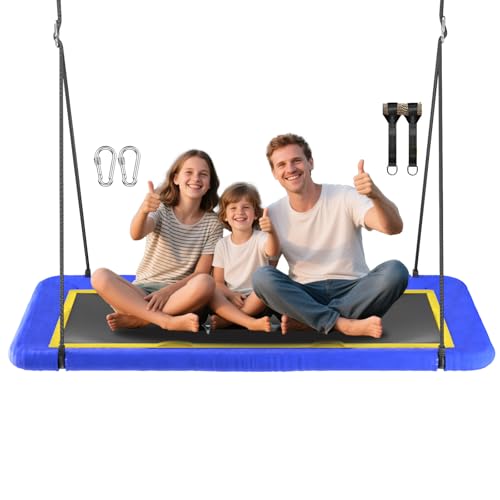 60'' Rectangle Platform Tree Swing for Kids and Adults, Giant Flying Swing with Adjustable Hanging Strap, Waterproof Textilene Fabric Tear & UV Resistant, Swings Set for Backyard Garden (Blue 02)