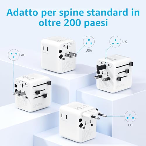 5 in 1 Adattatore Universale da Viaggio,Presa Universale da Viaggio con 1 USB A,2 USB C,1 Universale Presa,1 US/JP Presa,Adattatore Spina Internazionale per Italia UK US Australia Tailandia Messico - Hub USB - Immagine 3