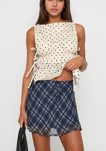 Women Polka Dot Sleeveless Peplum Tops Side Bow Tie Ruched Smocked Tank Tops Boat Neck Summer Going Out Shirts2