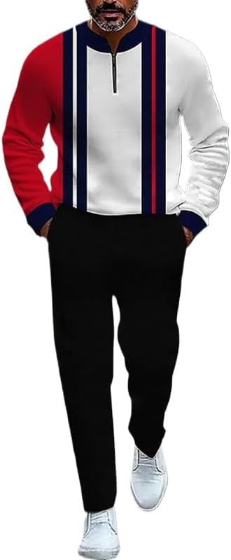 Men's printed polo shirt long pants set, color blocked half zipper sports shirt jogging pants two-piece set