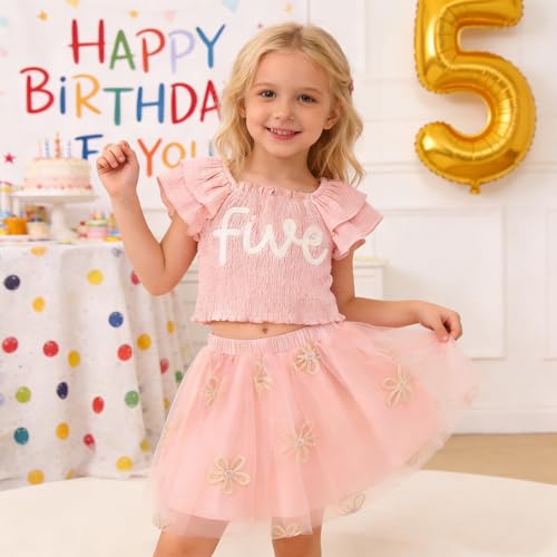 SOFEON Toddler Girl Birthday Outfit Flower Embroidery Ruffle Tank Top Tutu Skirt 2-7T Birthday Party Flower Tulle Skirt Set(Pink-5th,5T)