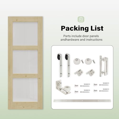 Image of 32 inch x 80 inch Presembled Barn Door with 72 inch Track Kit, Top Clear Glass Bottom MDF Solid Core Panel Sliding Barn Doors for Closet Kitchen Bedroom Pantry, Nickel-Plated Hardware Kit, Easy to Install