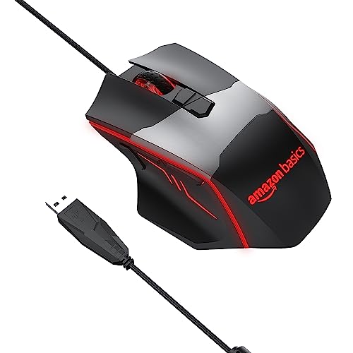 Image of (Refurbished) AmazonBasics USB Wired Blue Track and Blue Sensor, Ergonomic Gaming Mouse with 7 Programmable Keys | 6400 DPI
