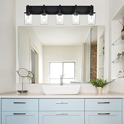 Queeuq 5 Light Vanity Light Fixtures,Dimmable Bath Bathroom Vanity Wall Mounted Light,Modern Black Wall Sconce With Clear Glass Shades Farmhouse Bathroom Lights Over Mirror For Living Room #TOP3