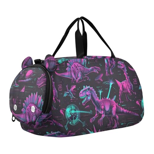 Duffle Bag for Boys or Girls with Shoes Compartment, Cyberpunk Dinosaurs Purple Sports Travel Bag Overnight