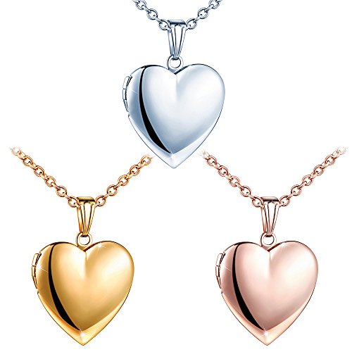 MicLee Collares Colgantes Foto de Acero Inoxidable para Mujer Niña Collar Medallón Corazón con Cadena Colgante Amuleto Souvenir, 3 PCS(Oro, Plateado, Oro Rosa)