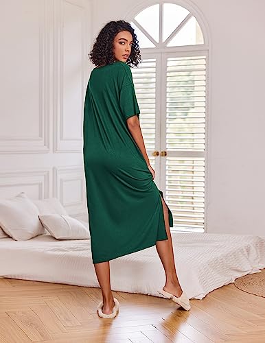 Ekouaer Long Nightshirts Womens Loungewear Nightgowns Short Sleeve Sleepwear O Neck Sleep Shirt With Pockets Dark Green M #TOP4