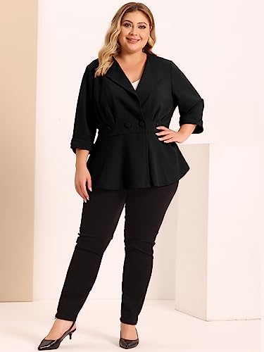 Agnes Orinda Women's Plus Size Blazer Jackets Notch Panel V Neck Button Ruched Business Office Peplum Blazers 2X Black #TOP2